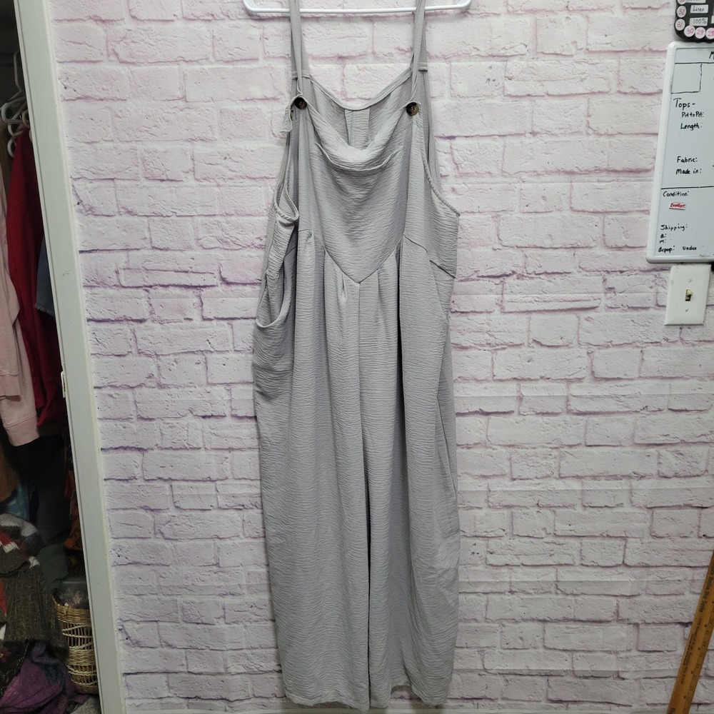Gray Textured Wide Leg Overall Jumpsuit Womens 5XL Crinkle Lagenlook Boho Lounge